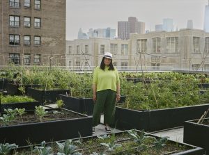 Linda Goode Bryant of Project EATS standing in a rooftop garden in between box gardens.