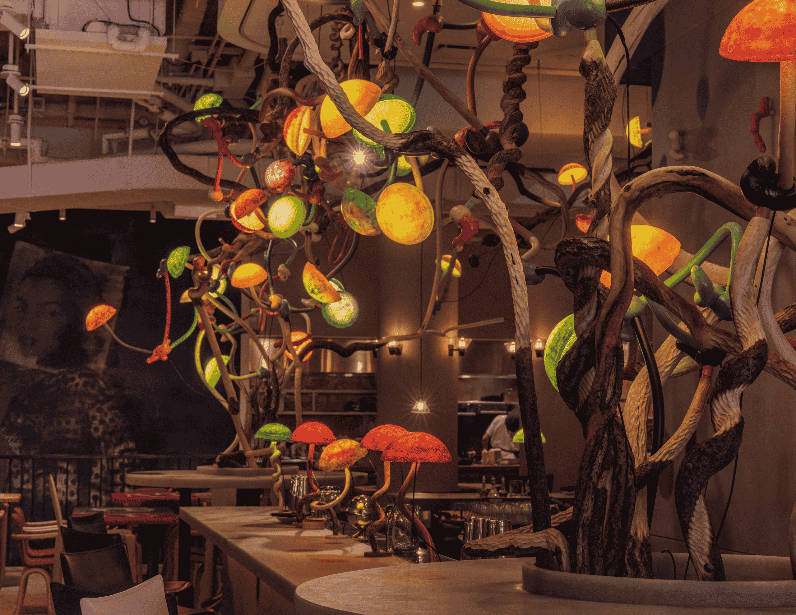 Mushroom Chandelier and Bar by Mika Rottenberg