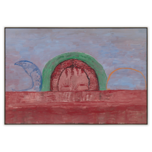 Painting by Philip Guston. Art is abstract with colors of red, blue and green.