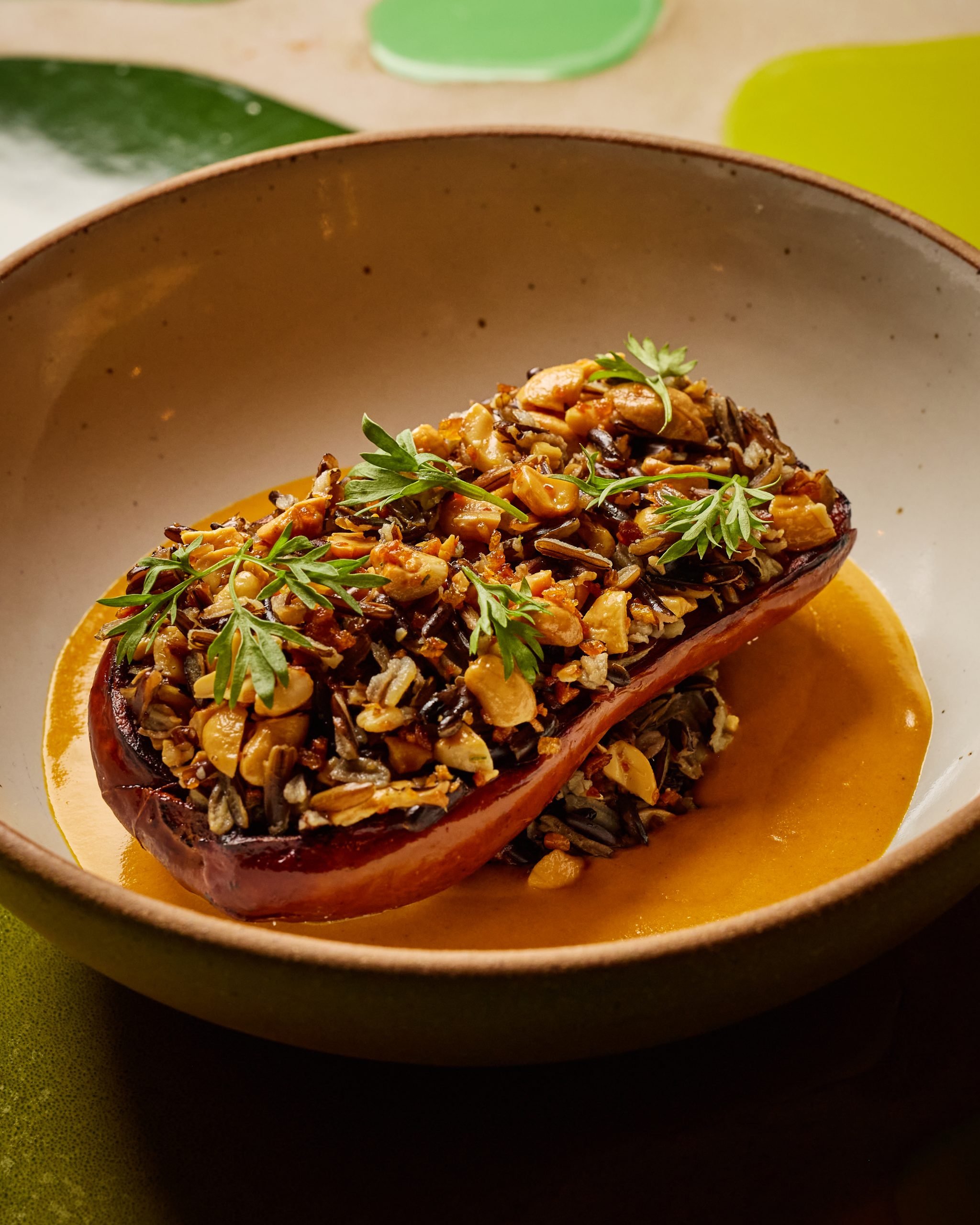 Roasted honeynut squash with black rice and cashew curry