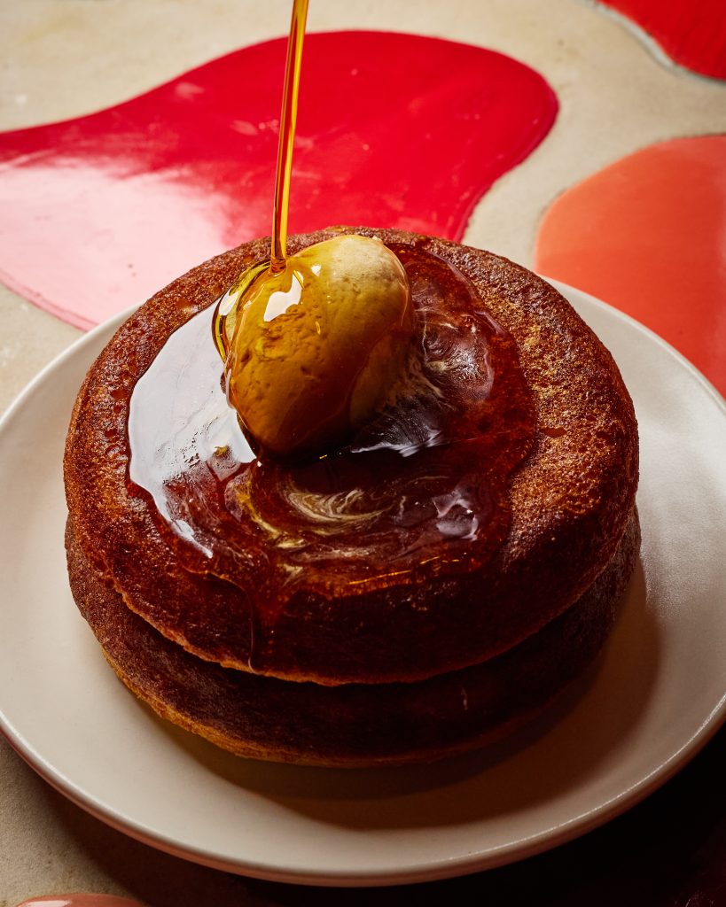 Cast iron pancakes with whipped butter and bourbon maple syrup