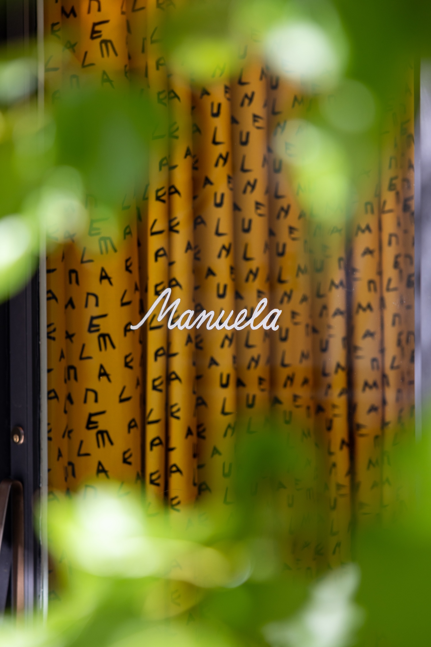 Manuela logo on a window framed by leaves of a tree. A yellow curtain with black letters can be seen behind the logo.