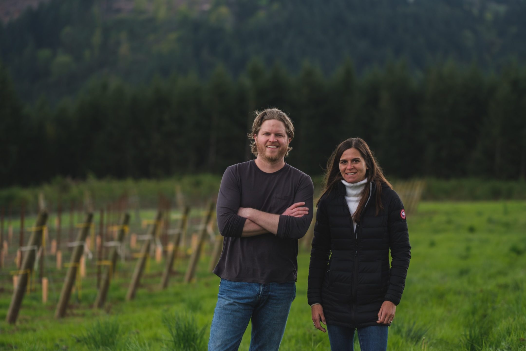 Audeant Wines founders at their vineyard in Oregon’s Willamette Valley