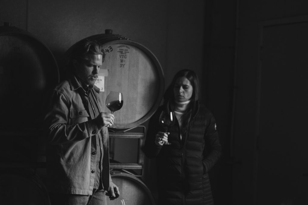 Audeant Wines founders tasting wine at their vineyard in Oregon’s Willamette Valley