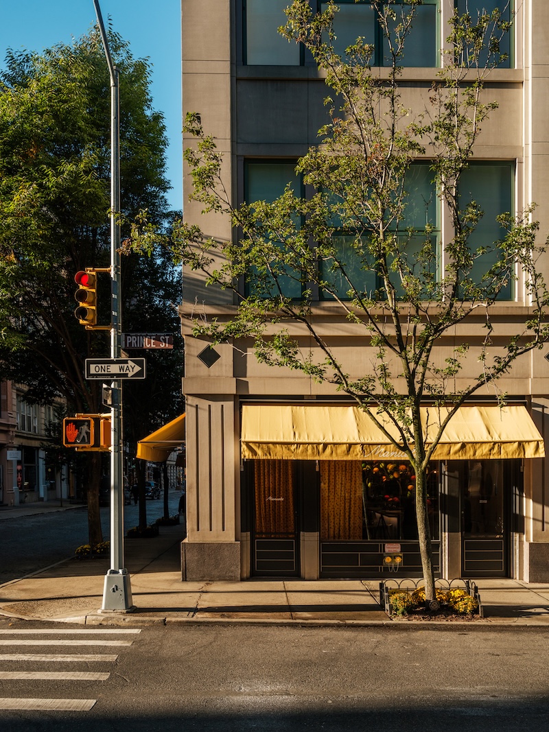 The outside of Manuela restaurant with blue skies and trees.