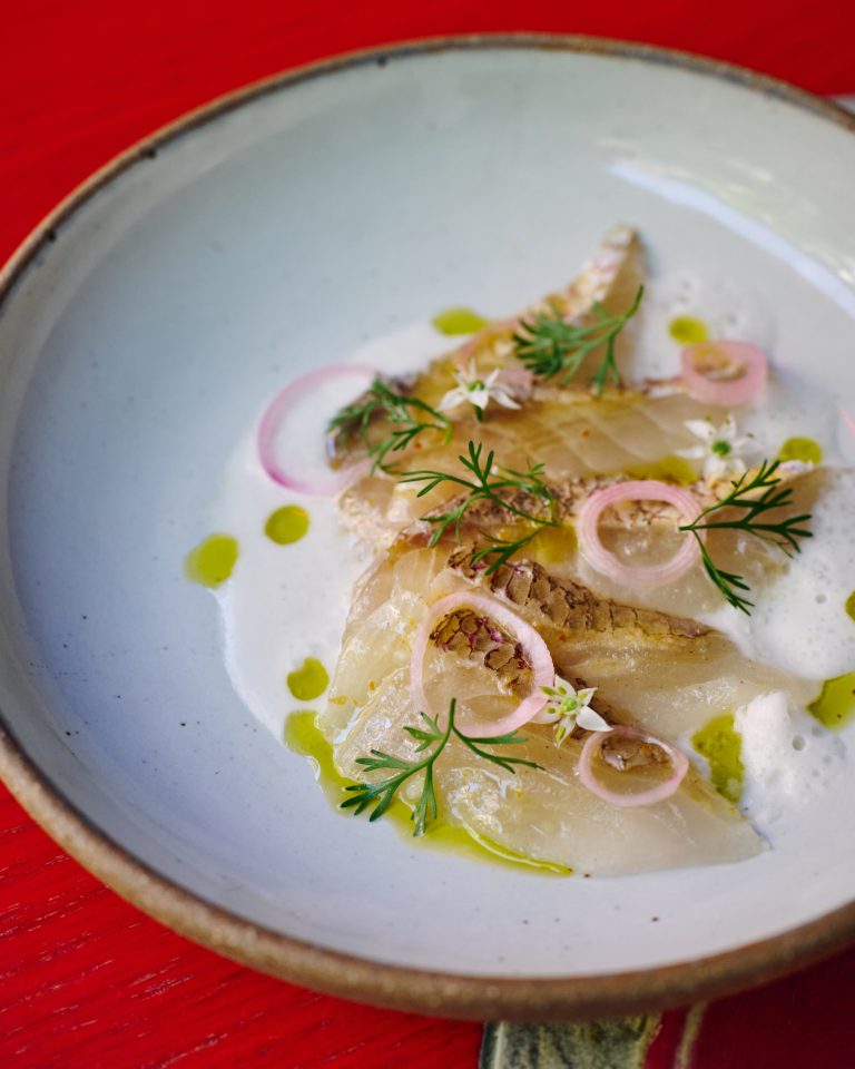 Long Island fluke tartare, nước chấm, serrano and pickled green strawberry