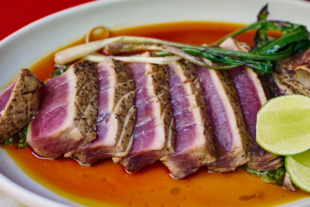 16oz Seared tuna chop, maple ponzu glaze, grilled ramp chimichurri