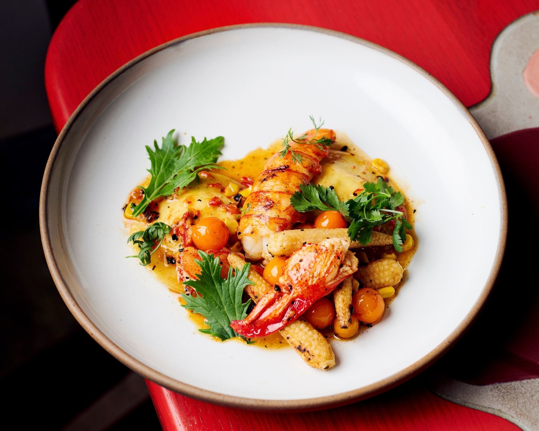 Grilled lobster tail and claw over ravioli with baby corn, golden cherry tomatoes, and fresh herbs on a white plate.