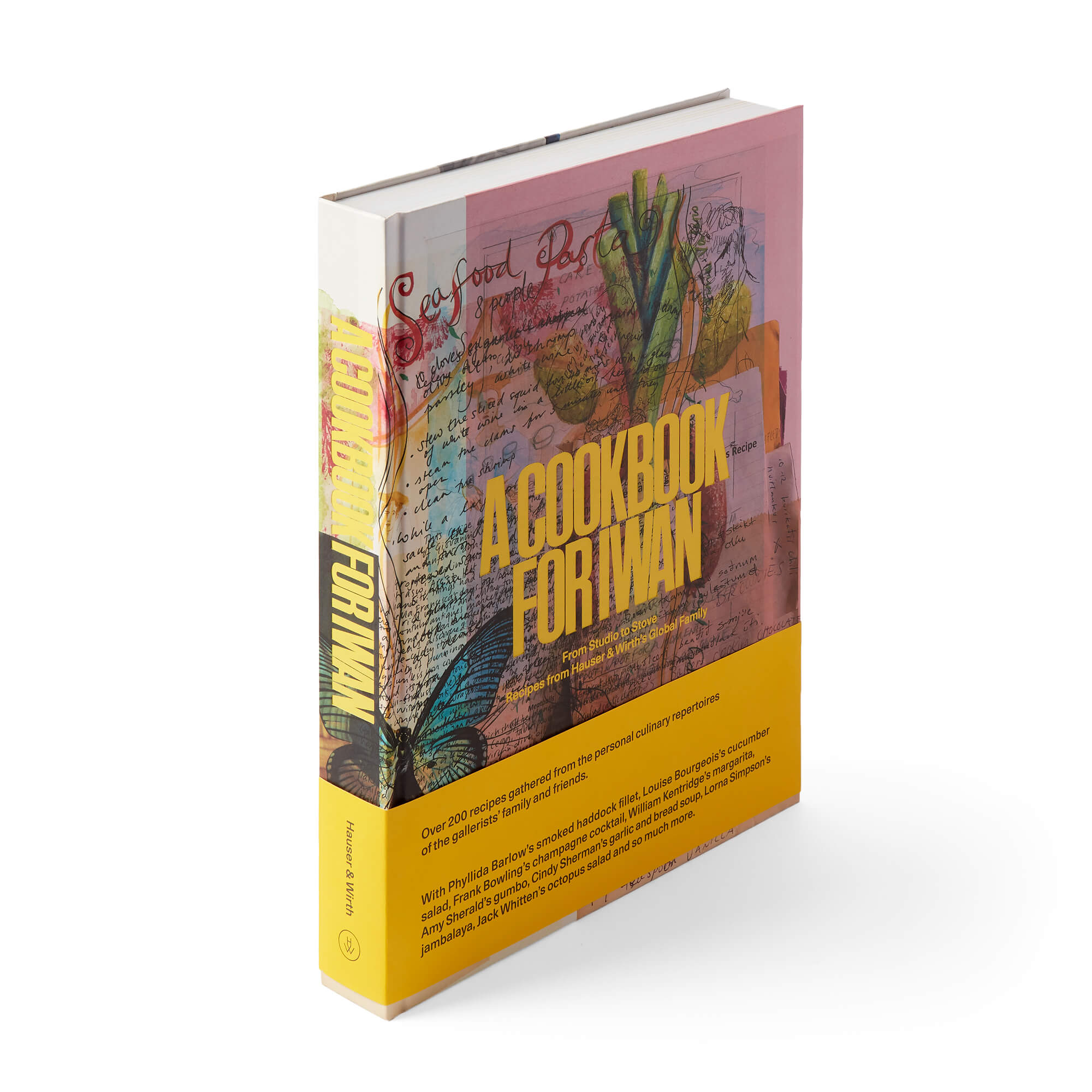 A product shot of a cookbook standing upright with colourful patterns and yellow text